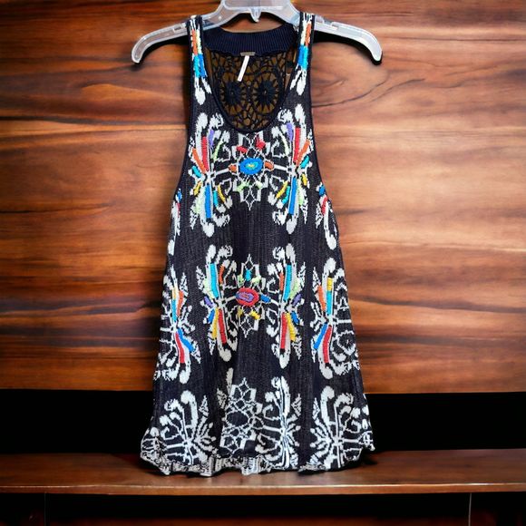 Free People Tops - Free People S Black Crochet Tank Sweater with Colorful Floral Embroidery
